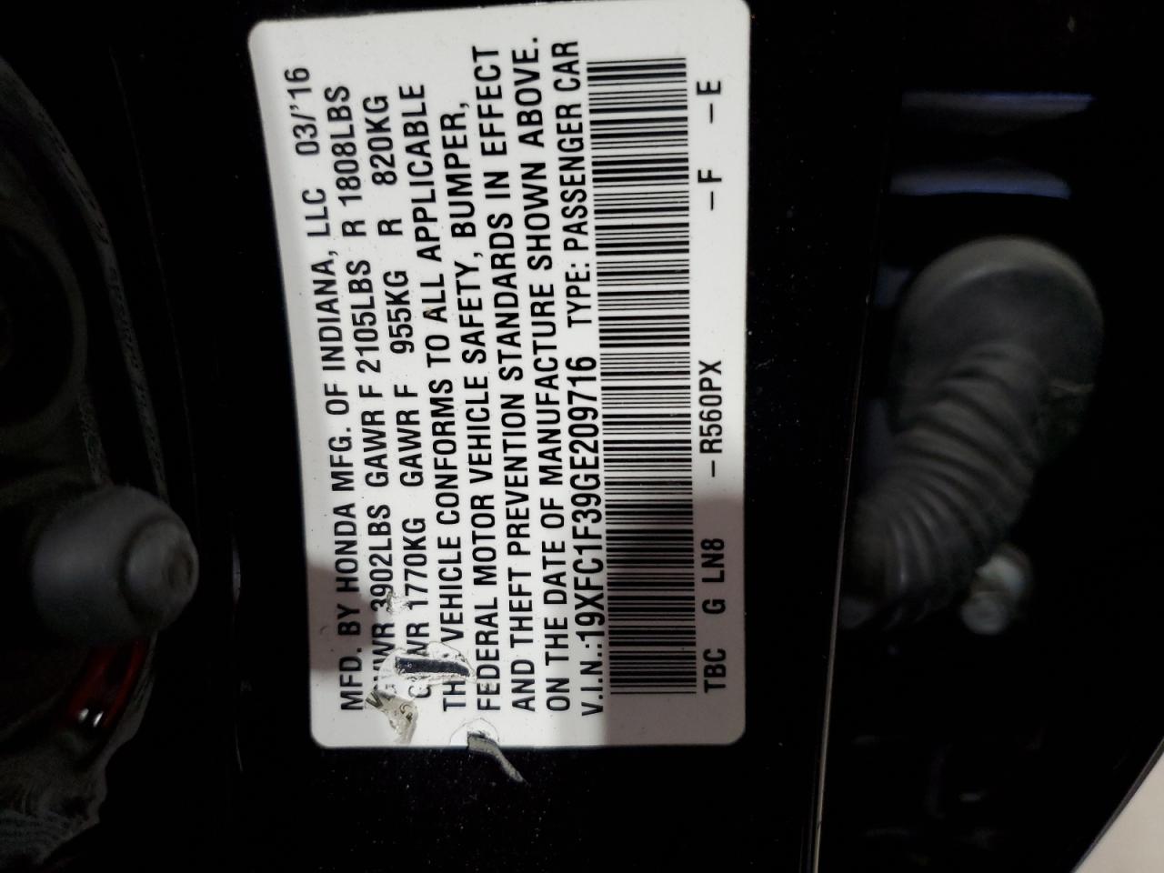 19XFC1F39GE209716 HONDA CIVIC 2016
