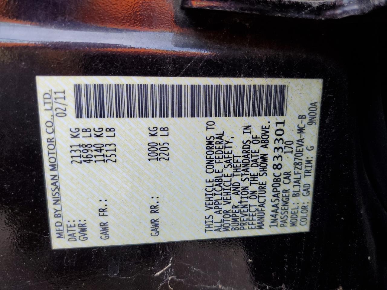 1N4AA5AP0BC833301 2011 Nissan Maxima S