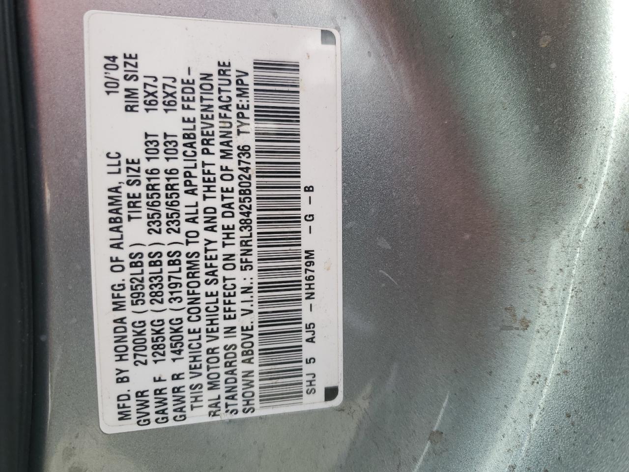 5FNRL38425B024736 2005 Honda Odyssey Ex