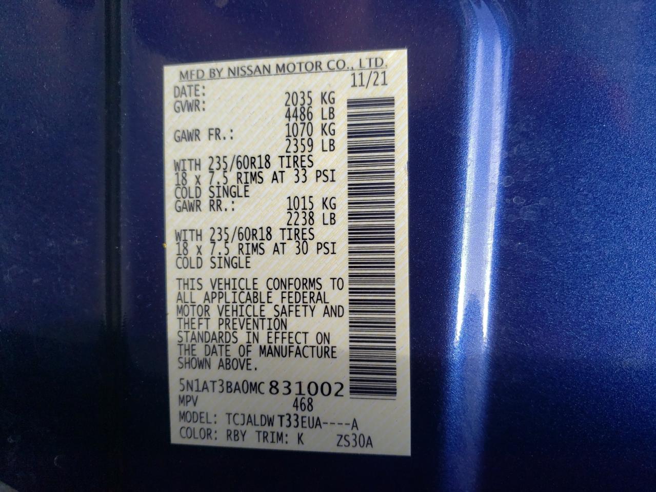 5N1AT3BA0MC831002 NISSAN ROGUE 2021