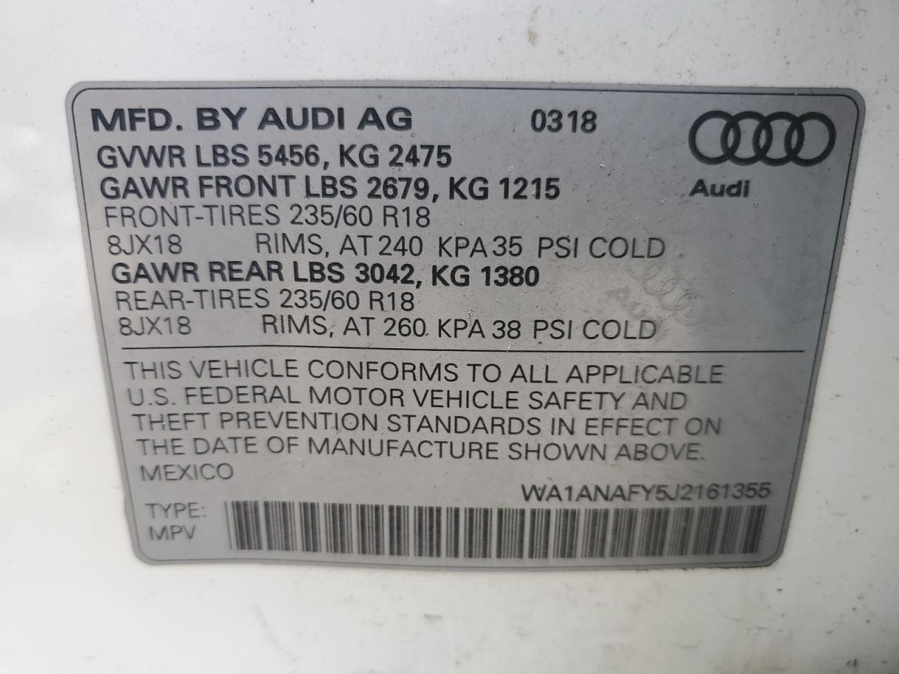 WA1ANAFY5J2161355 2018 Audi Q5 Premium