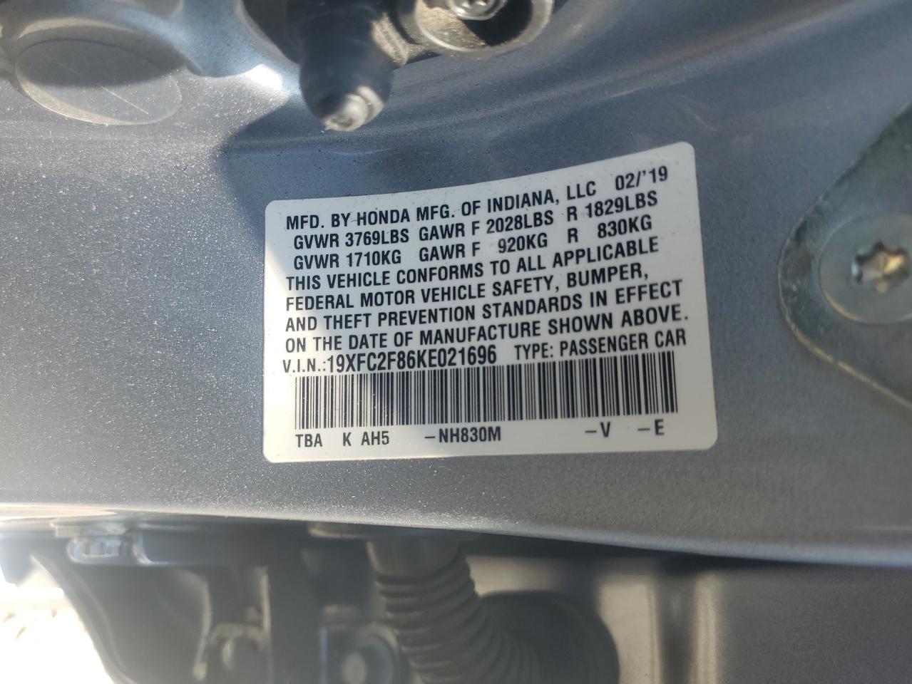19XFC2F86KE021696 HONDA CIVIC 2019