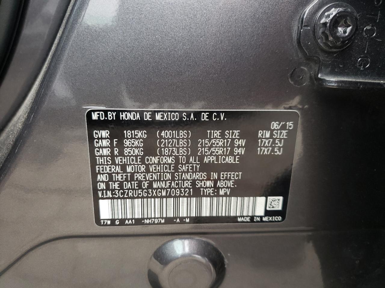 3CZRU5G3XGM709321 HONDA HR-V 2016