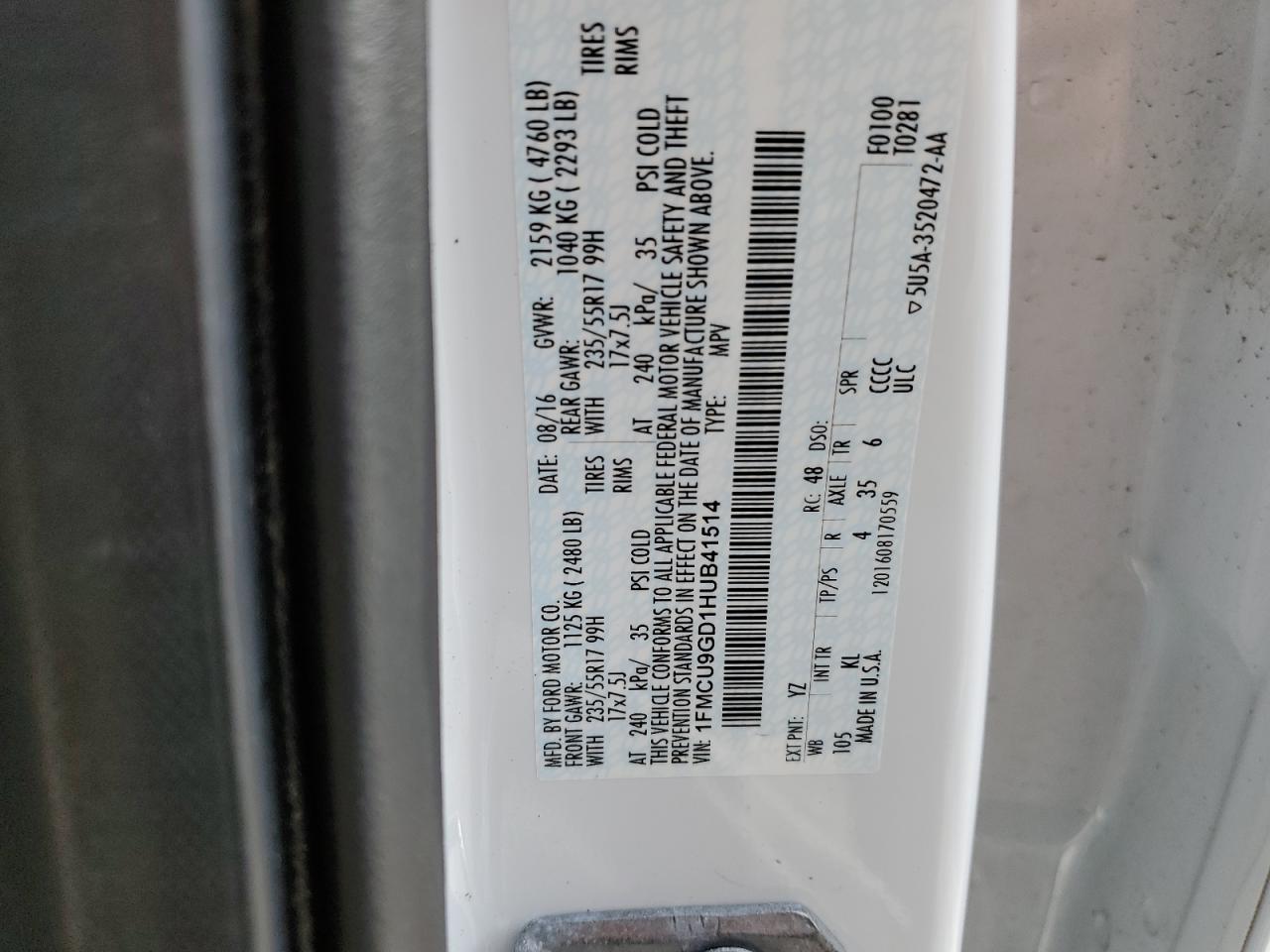 1FMCU9GD1HUB41514 FORD ESCAPE 2017