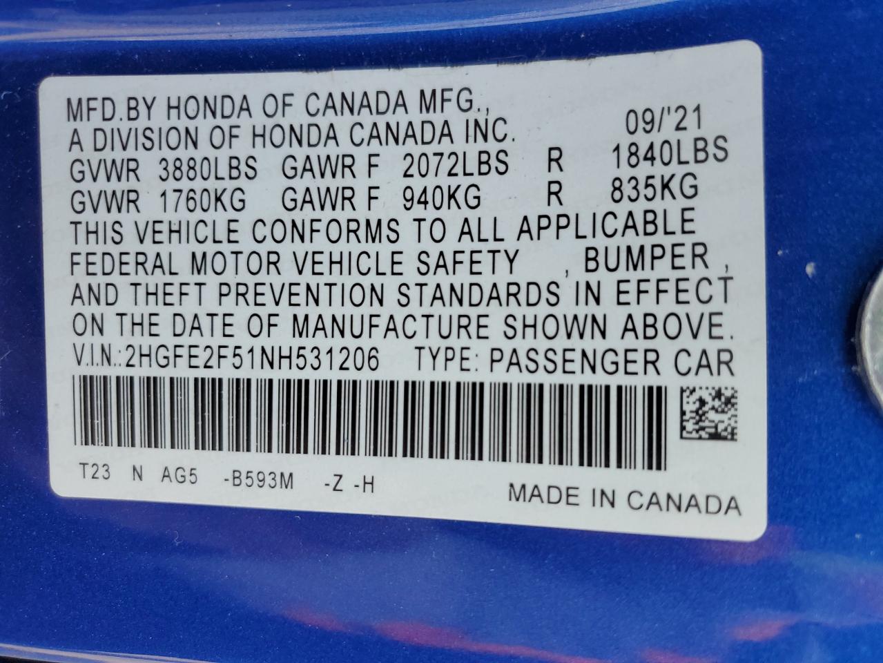 2HGFE2F51NH531206 HONDA CIVIC 2022