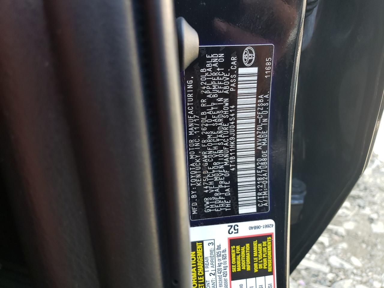 4T1B11HK9JU045414 TOYOTA CAMRY 2018