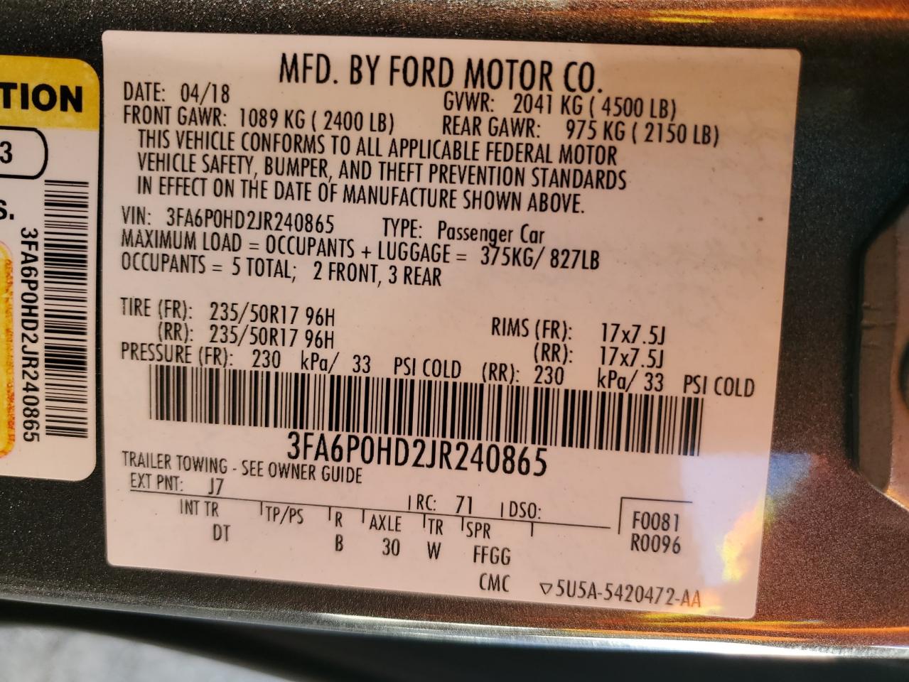 3FA6P0HD2JR240865 FORD FUSION 2018
