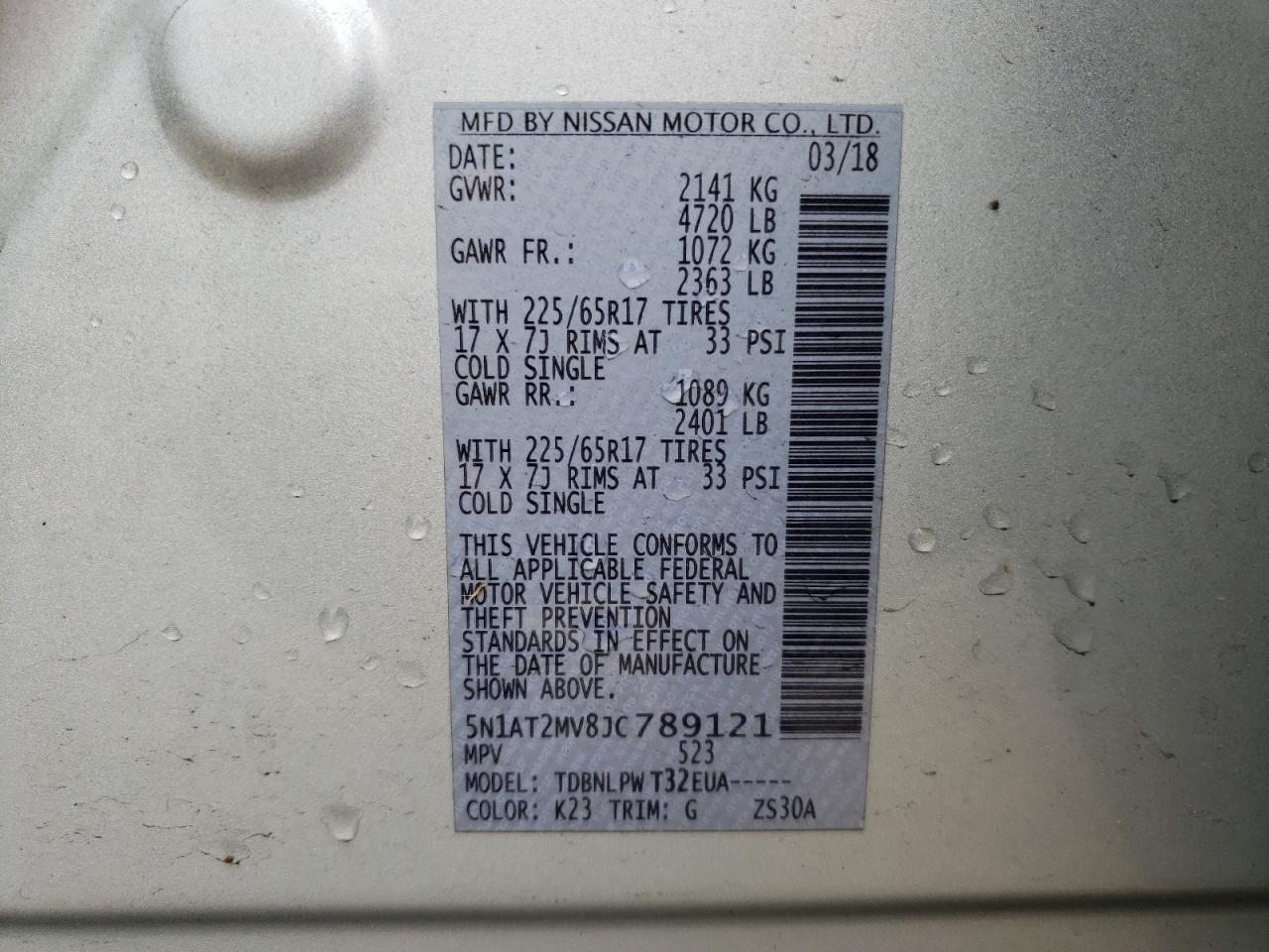 5N1AT2MV8JC789121 NISSAN ROGUE 2018