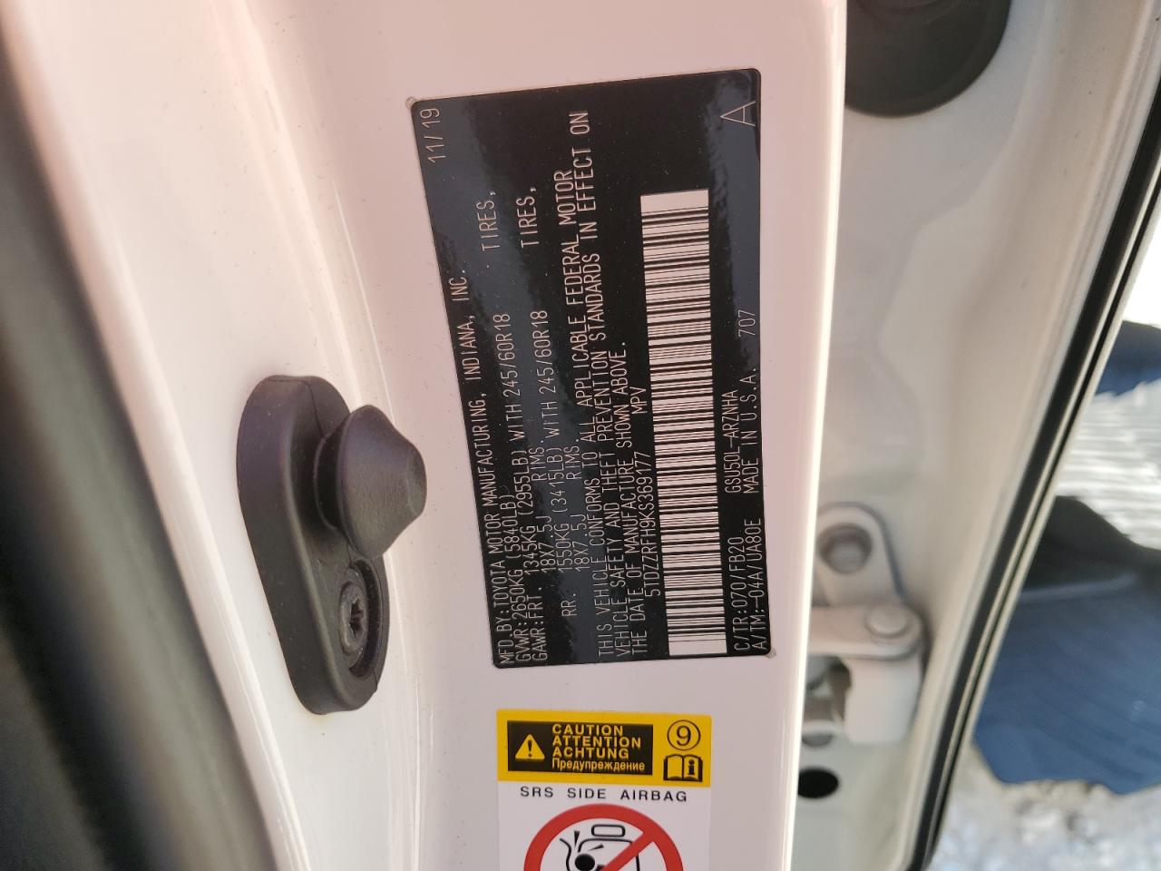 5TDZZRFH9KS369177 TOYOTA HIGHLANDER 2019