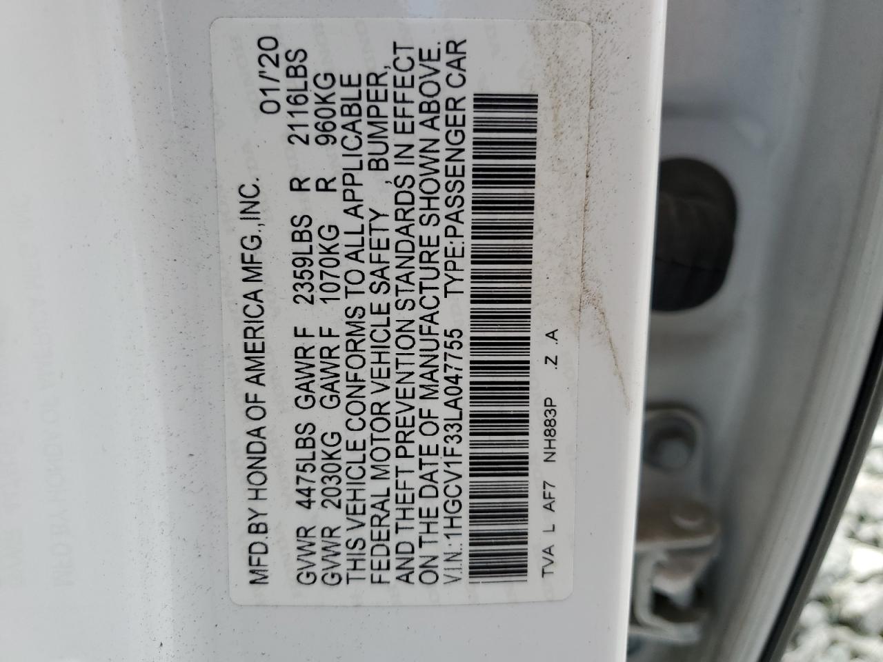 1HGCV1F33LA047755 HONDA ACCORD 2020