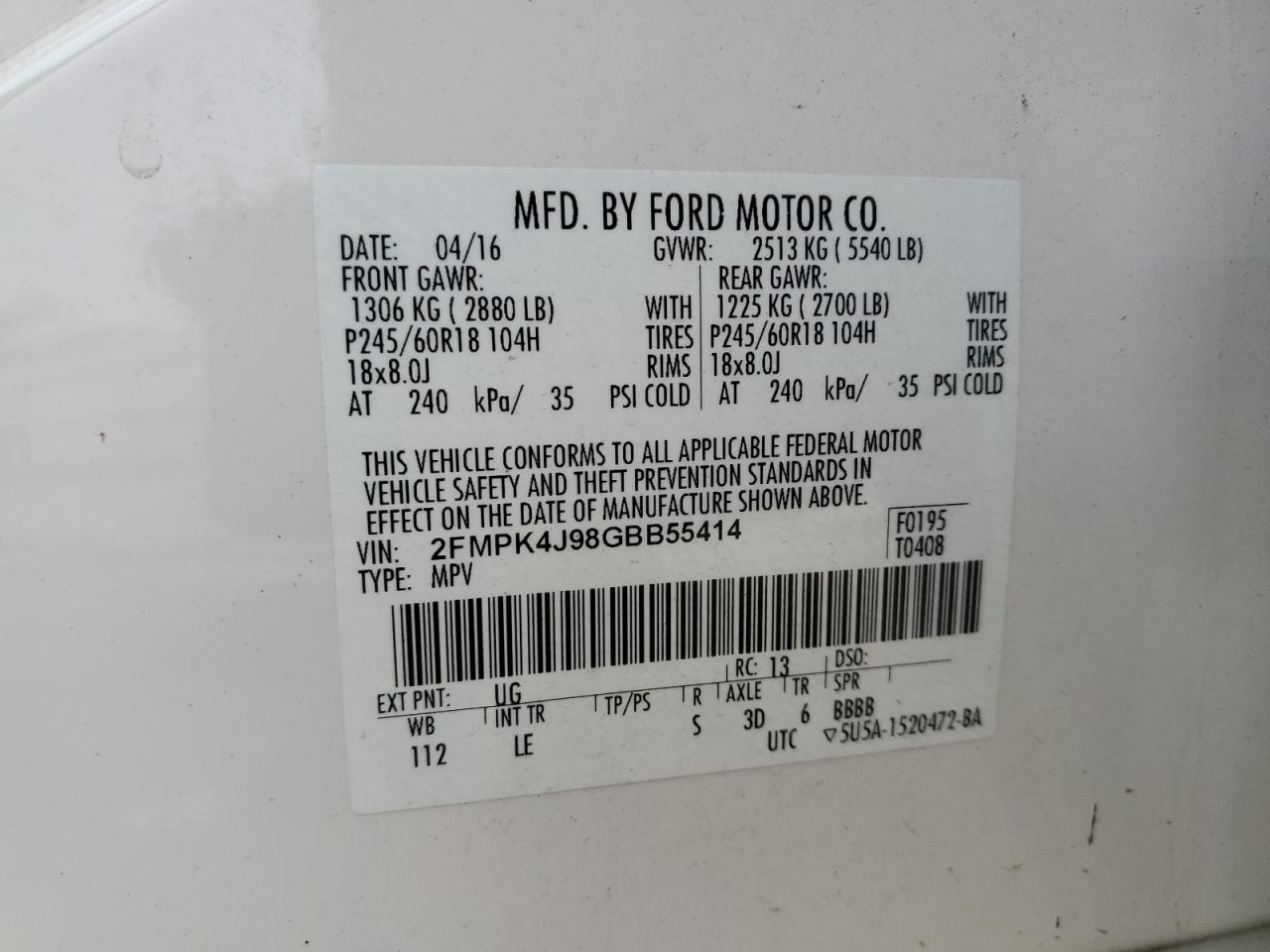 2FMPK4J98GBB55414 FORD EDGE 2016