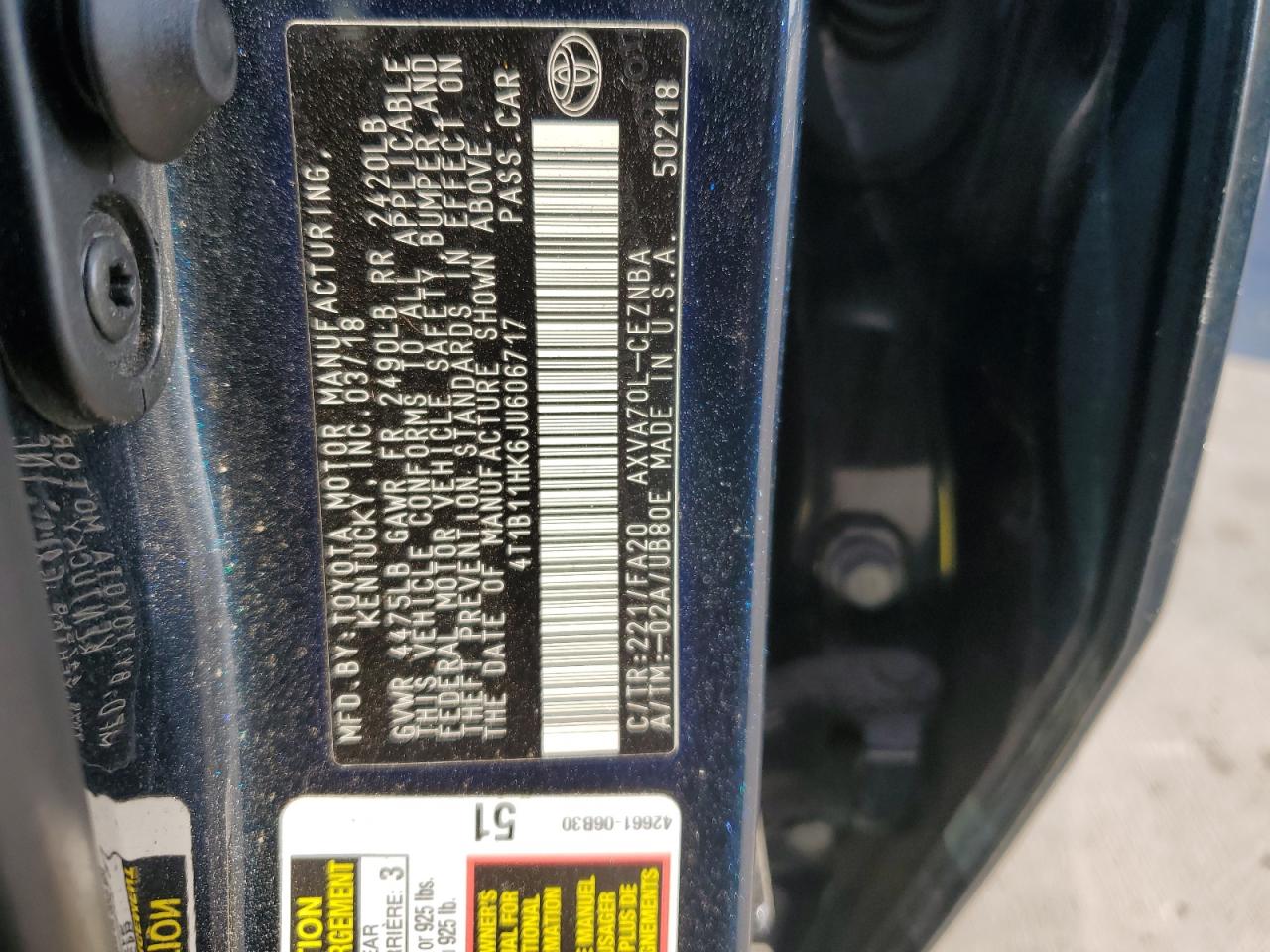 4T1B11HK6JU606717 TOYOTA CAMRY 2018