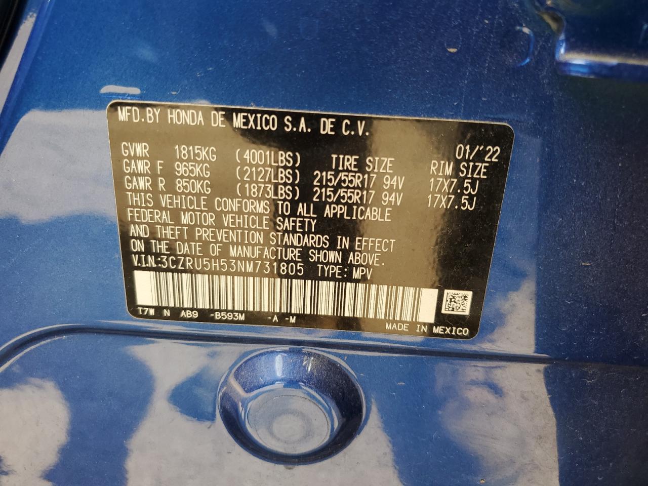 3CZRU5H53NM731805 HONDA HR-V 2022