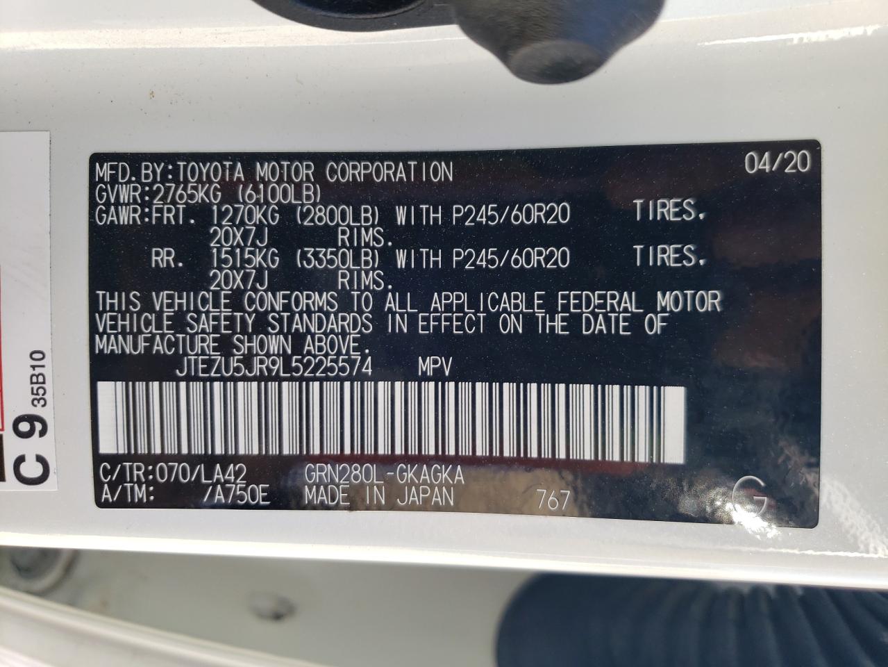 JTEZU5JR9L5225574 TOYOTA 4RUNNER 2020