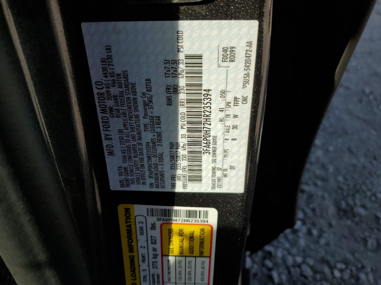 3FA6P0H72HR235394 FORD FUSION 2017