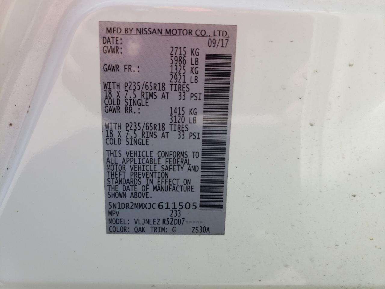 5N1DR2MMXJC611505 NISSAN PATHFINDER 2018