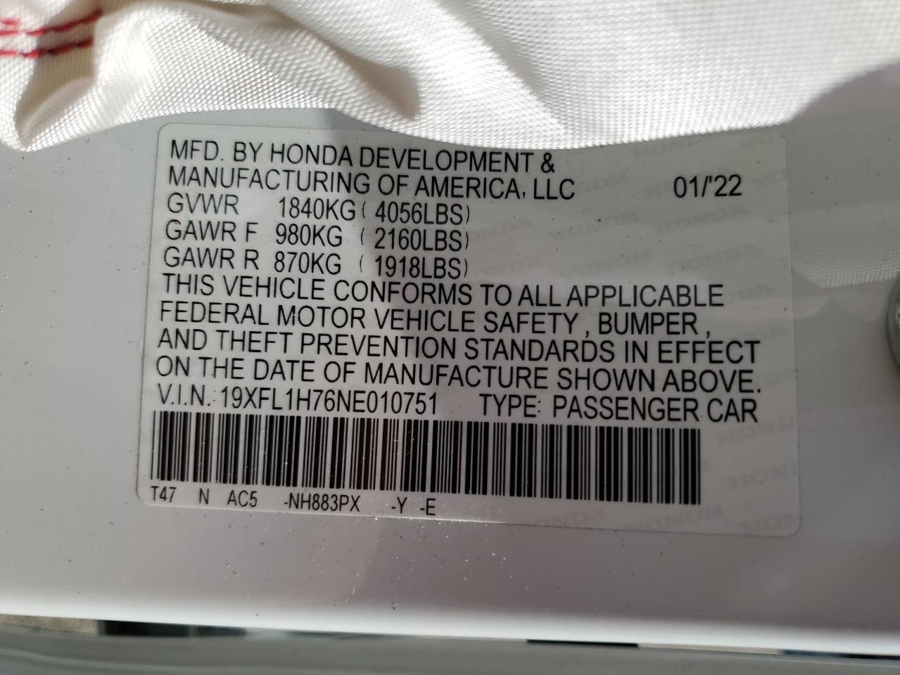 19XFL1H76NE010751 HONDA CIVIC 2022