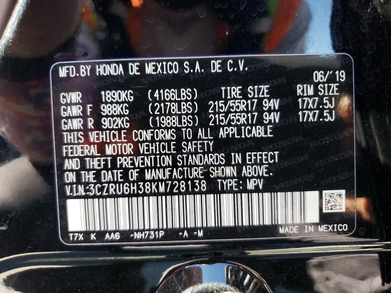 3CZRU6H38KM728138 HONDA HR-V 2019