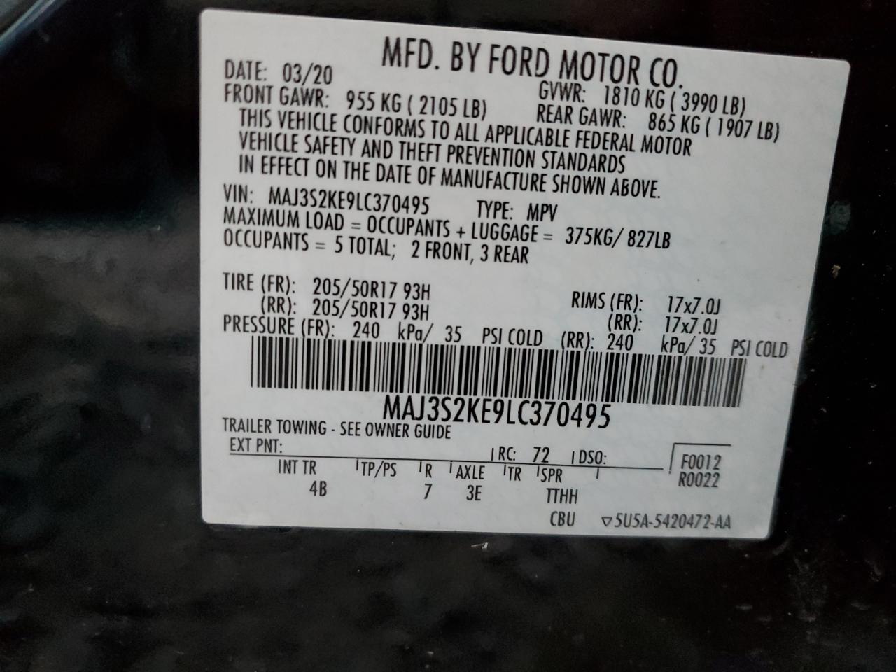 MAJ3S2KE9LC370495 FORD ECOSPORT 2020