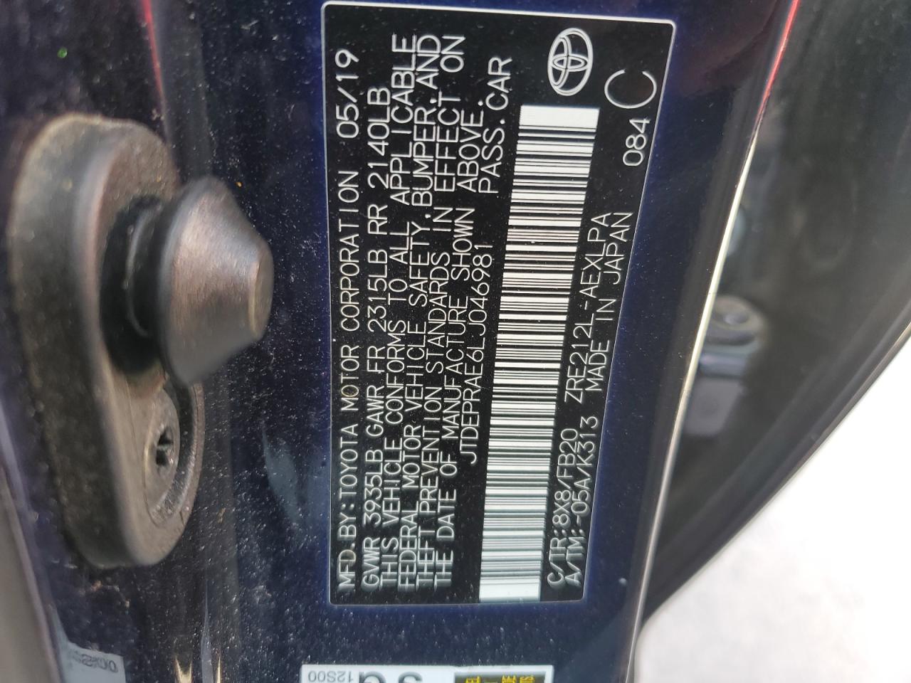 JTDEPRAE6LJ046981 TOYOTA COROLLA 2020