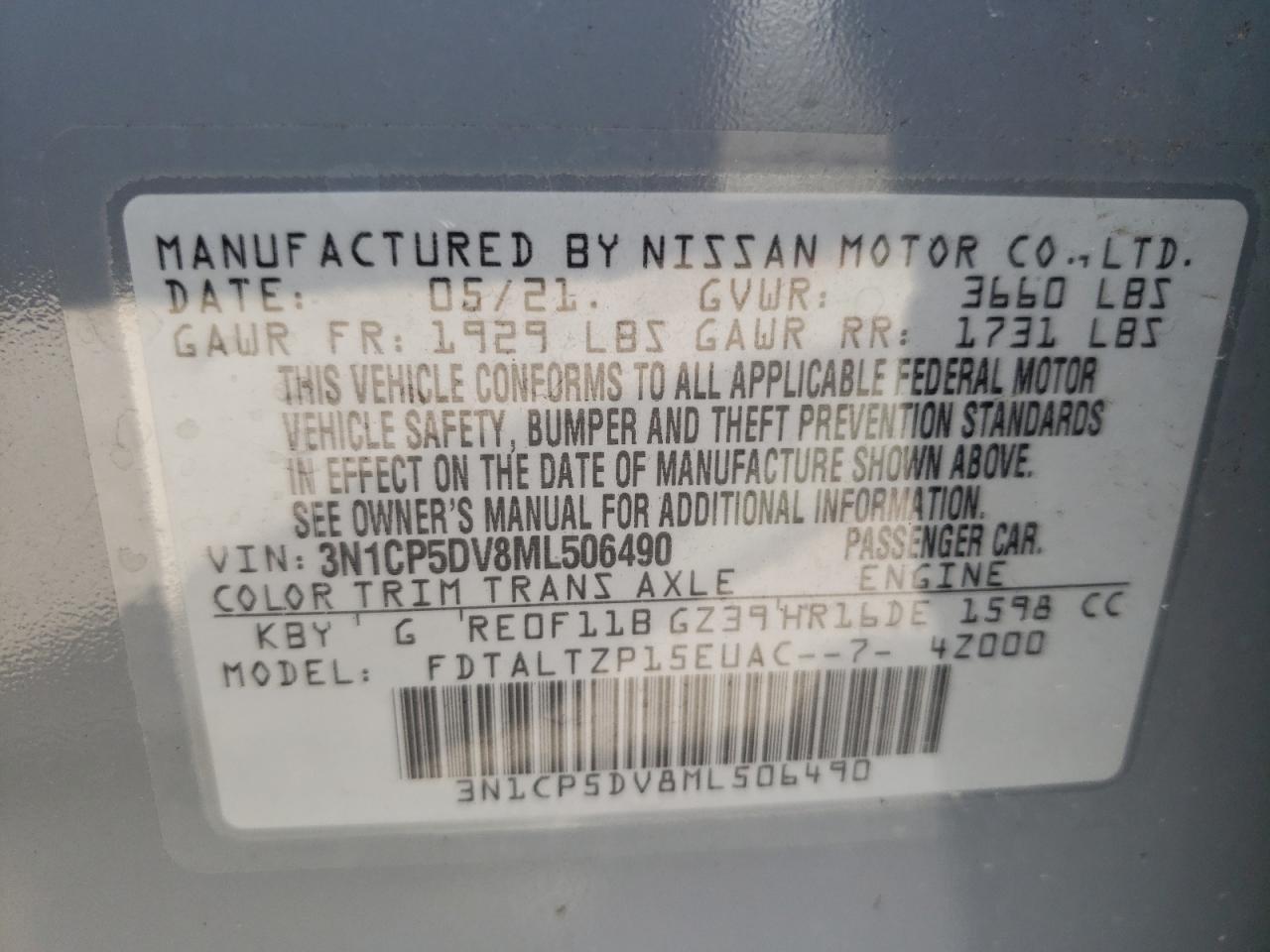 3N1CP5DV8ML506490 NISSAN KICKS 2021