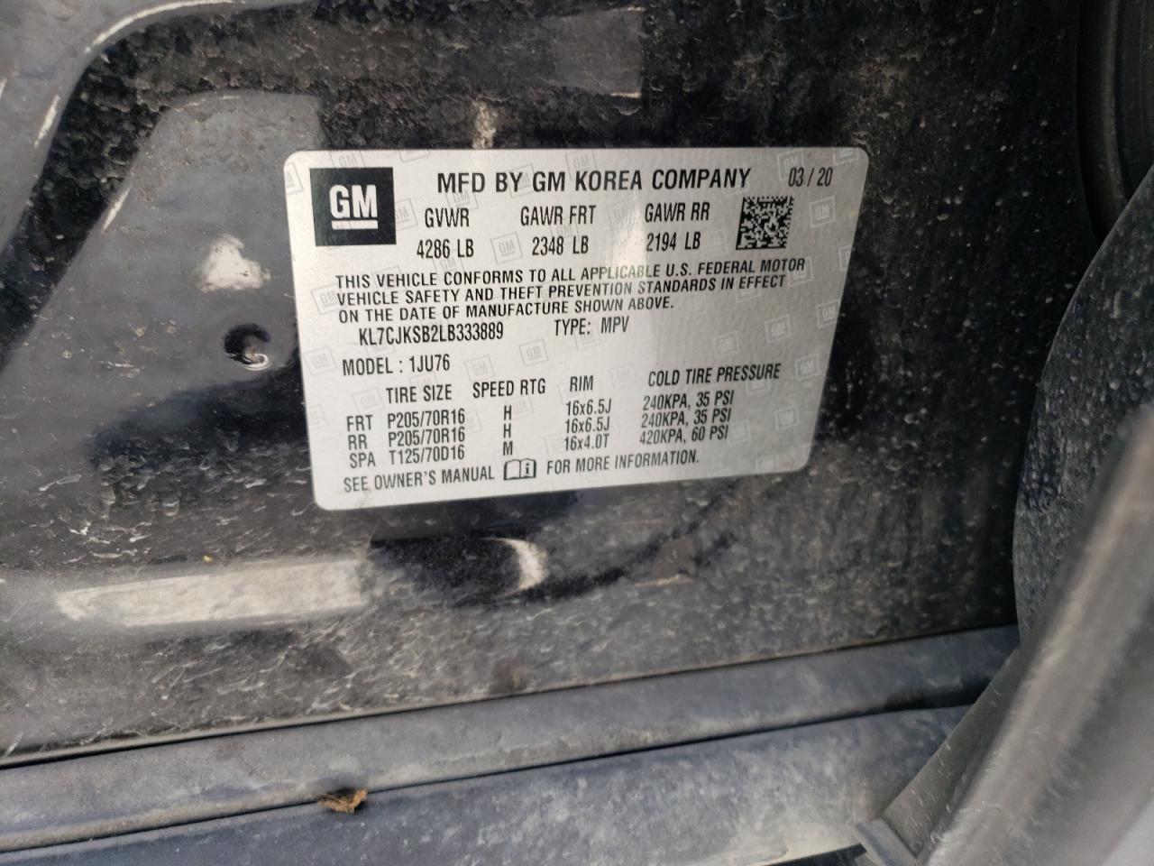 KL7CJKSB2LB333889 CHEVROLET TRAX 2020