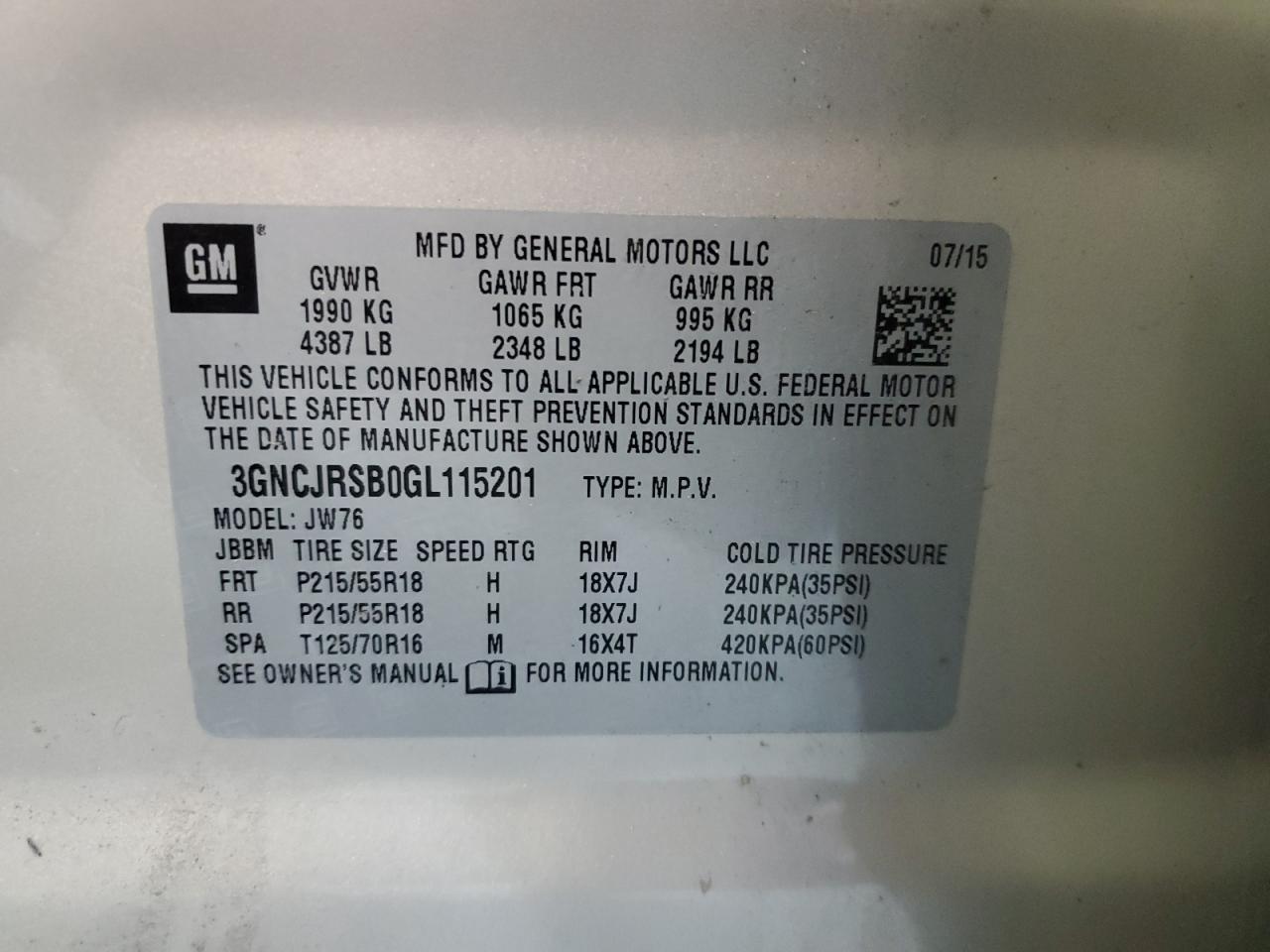 3GNCJRSB0GL115201 CHEVROLET TRAX 2016