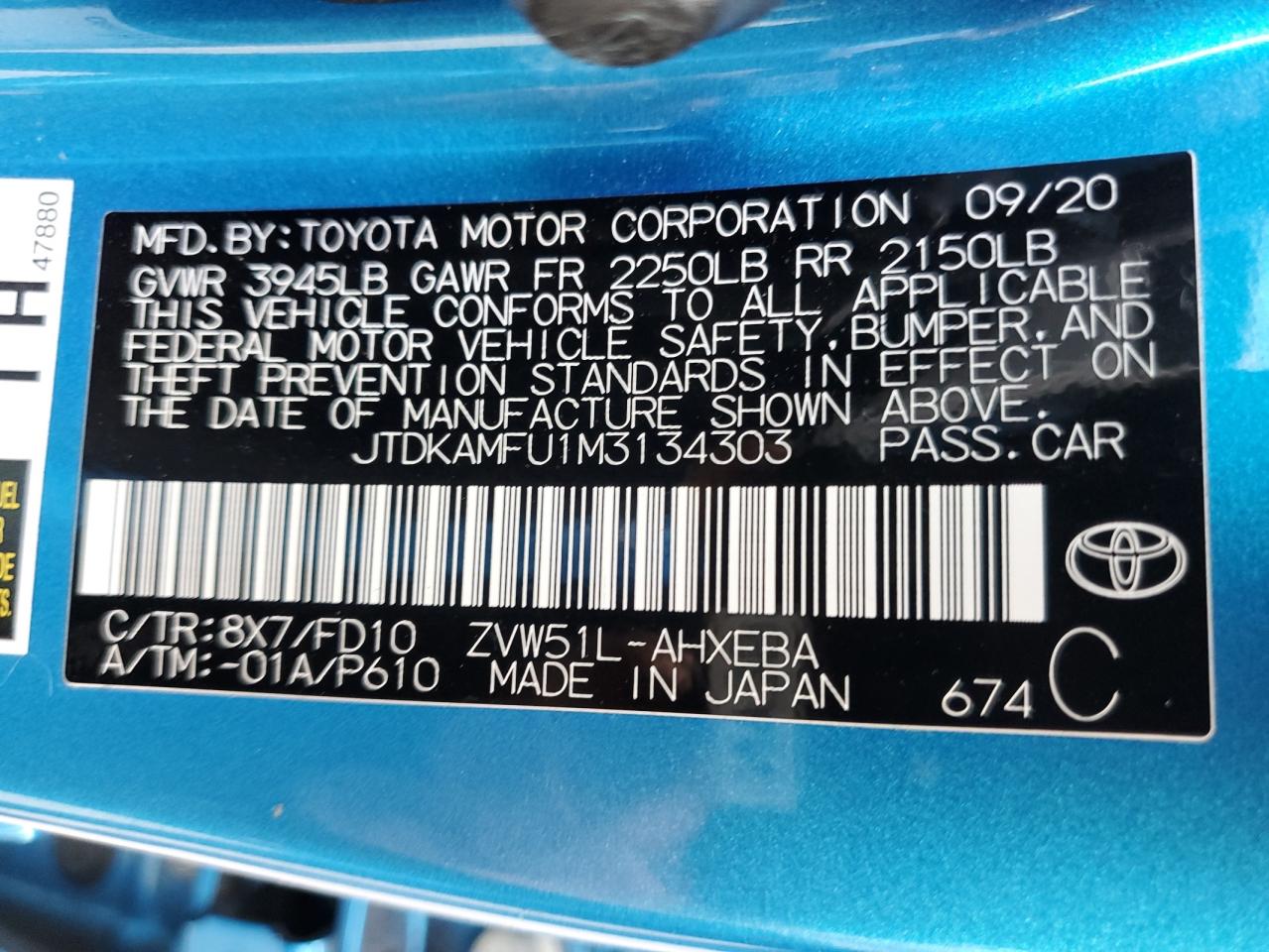 JTDKAMFU1M3134303 TOYOTA PRIUS 2021