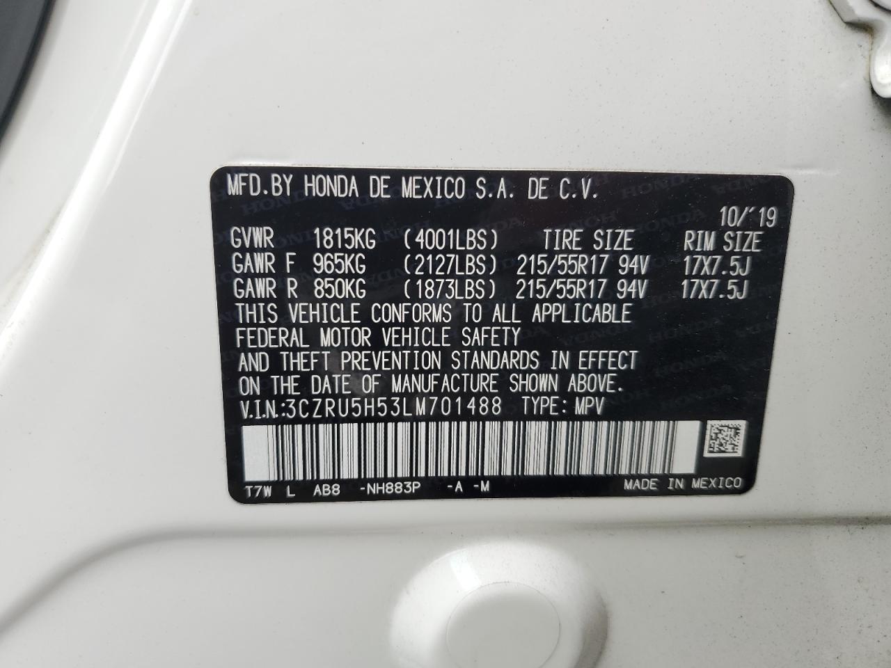 3CZRU5H53LM701488 HONDA HR-V 2020