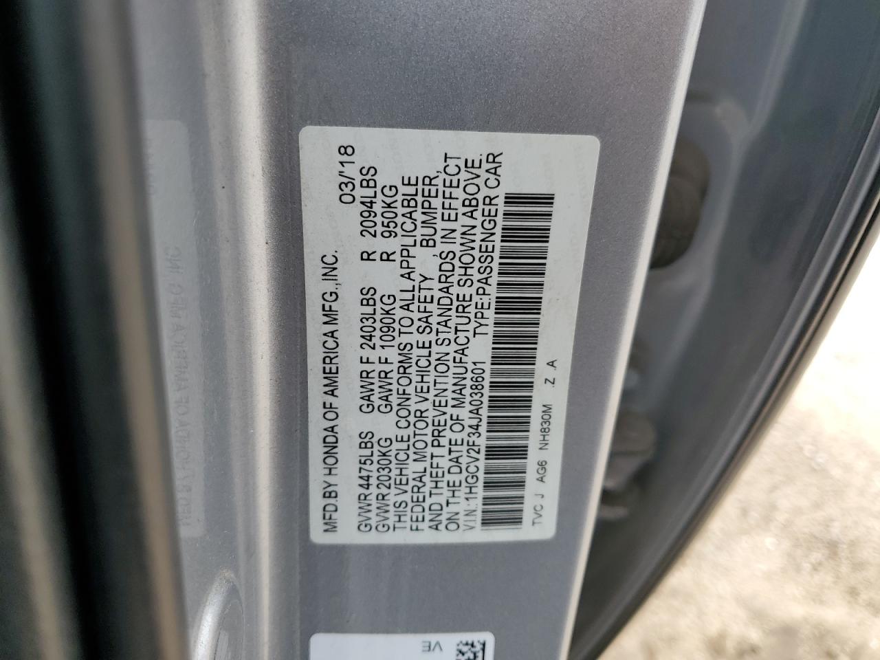 1HGCV2F34JA038601 HONDA ACCORD 2018