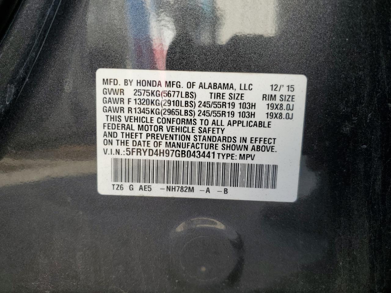 5FRYD4H97GB043441 ACURA MDX 2016