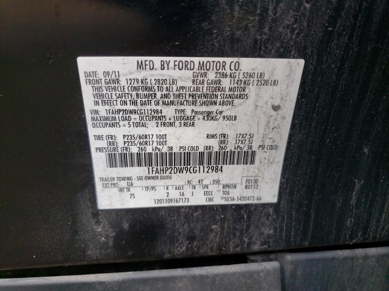 1FAHP2DW9CG112984 2012 Ford Taurus Se