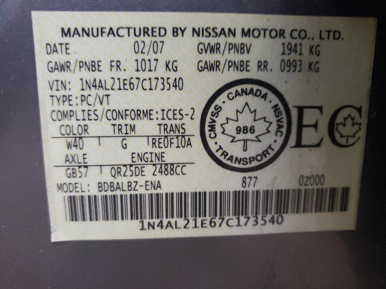 1N4AL21E67C173540 2007 Nissan Altima 2.5