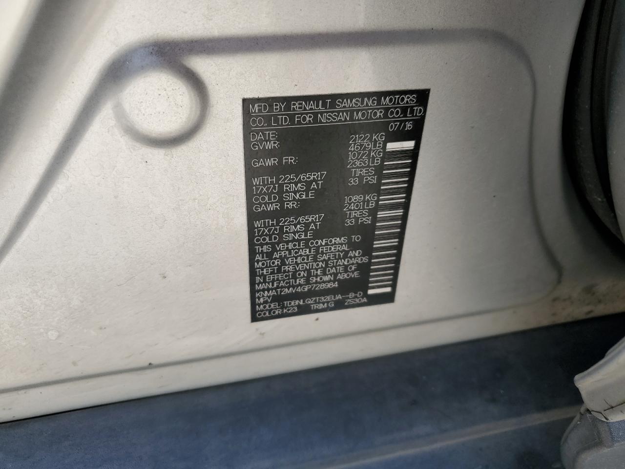 KNMAT2MV4GP728984 NISSAN ROGUE 2016