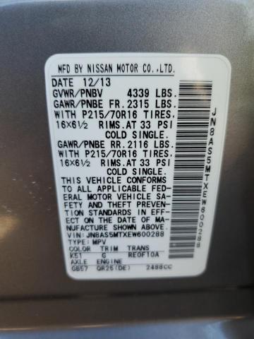 JN8AS5MTXEW600288 Nissan Rogue Select S