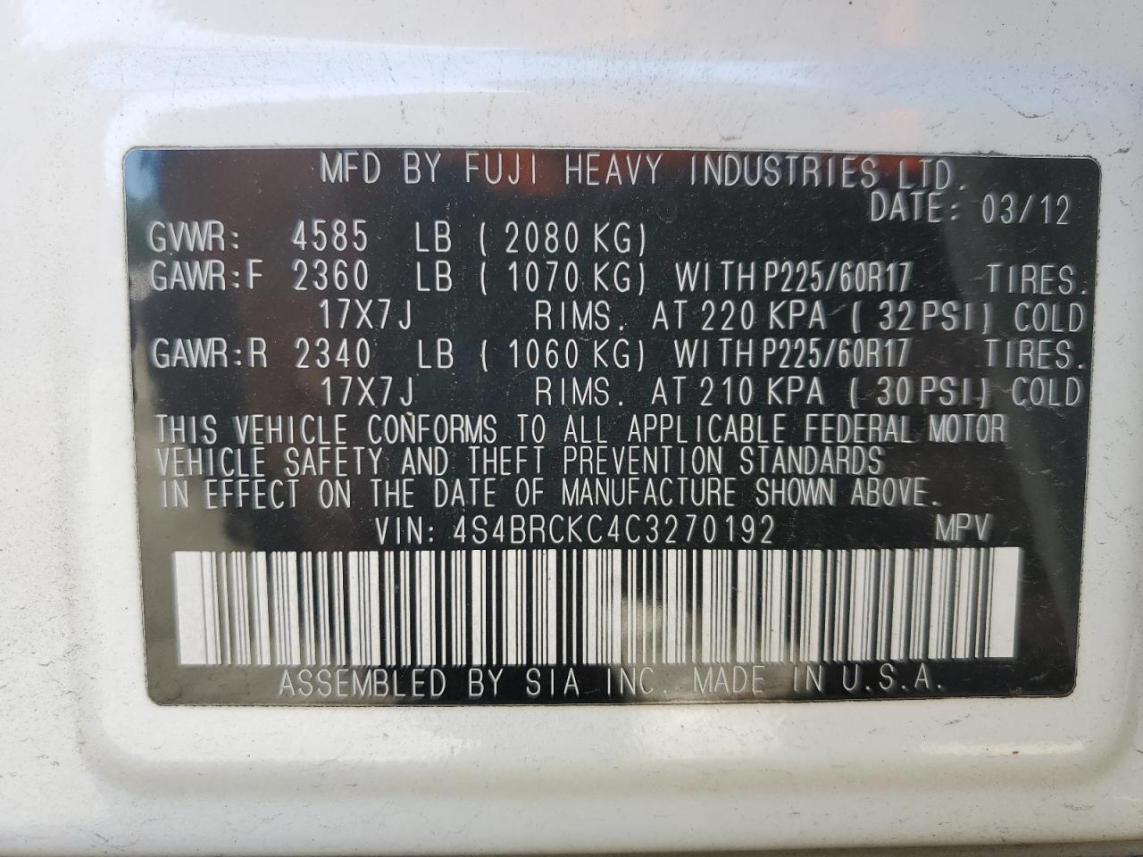 4S4BRCKC4C3270192 2012 Subaru Outback 2.5I Limited