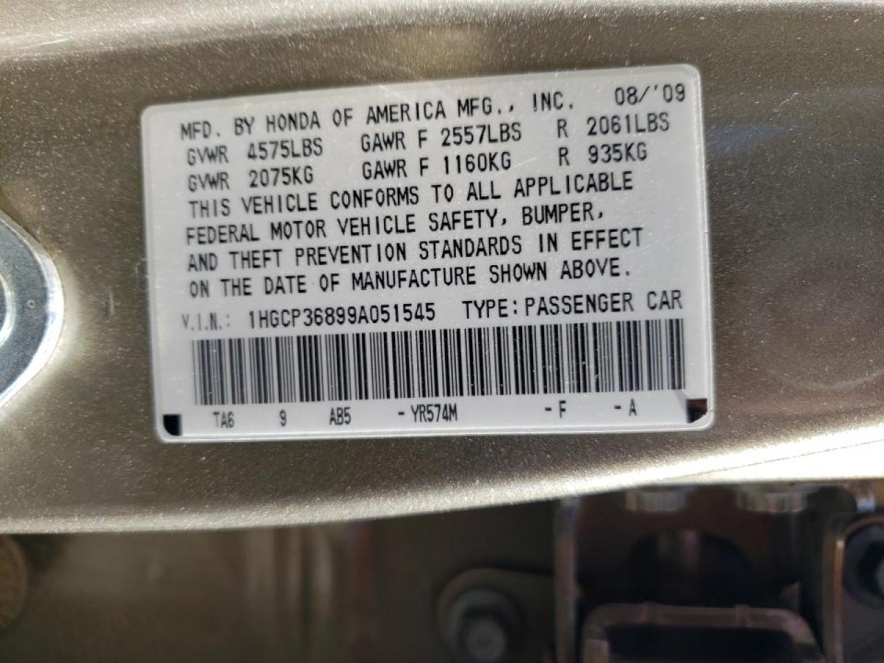 1HGCP36899A051545 2009 Honda Accord Exl