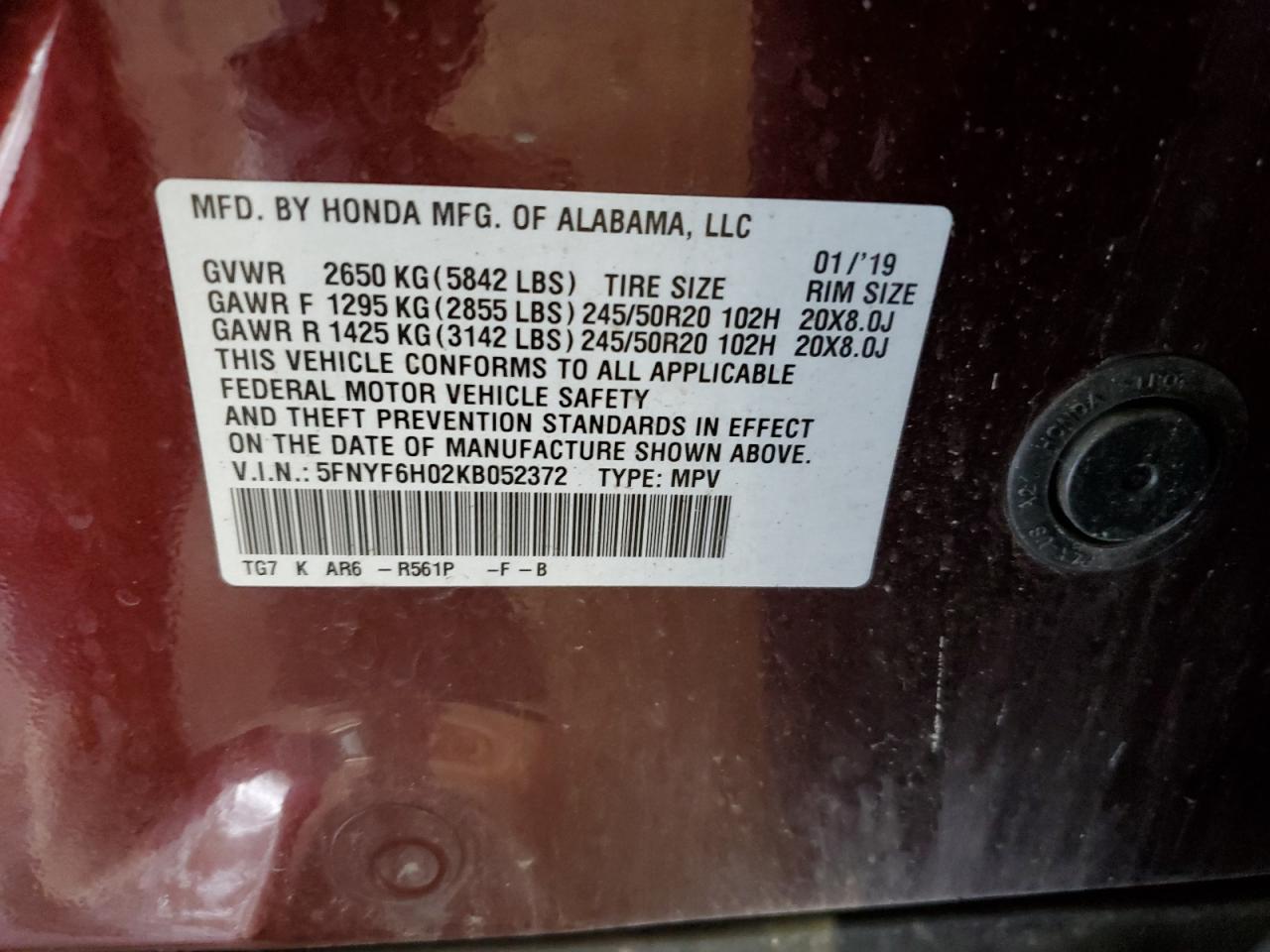 5FNYF6H02KB052372 HONDA PILOT 2019