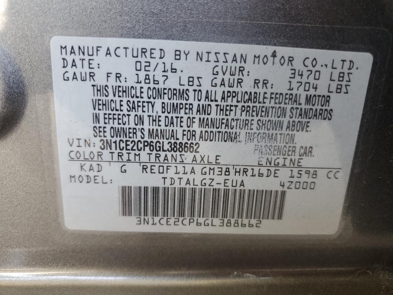 3N1CE2CP6GL388662 NISSAN VERSA 2016