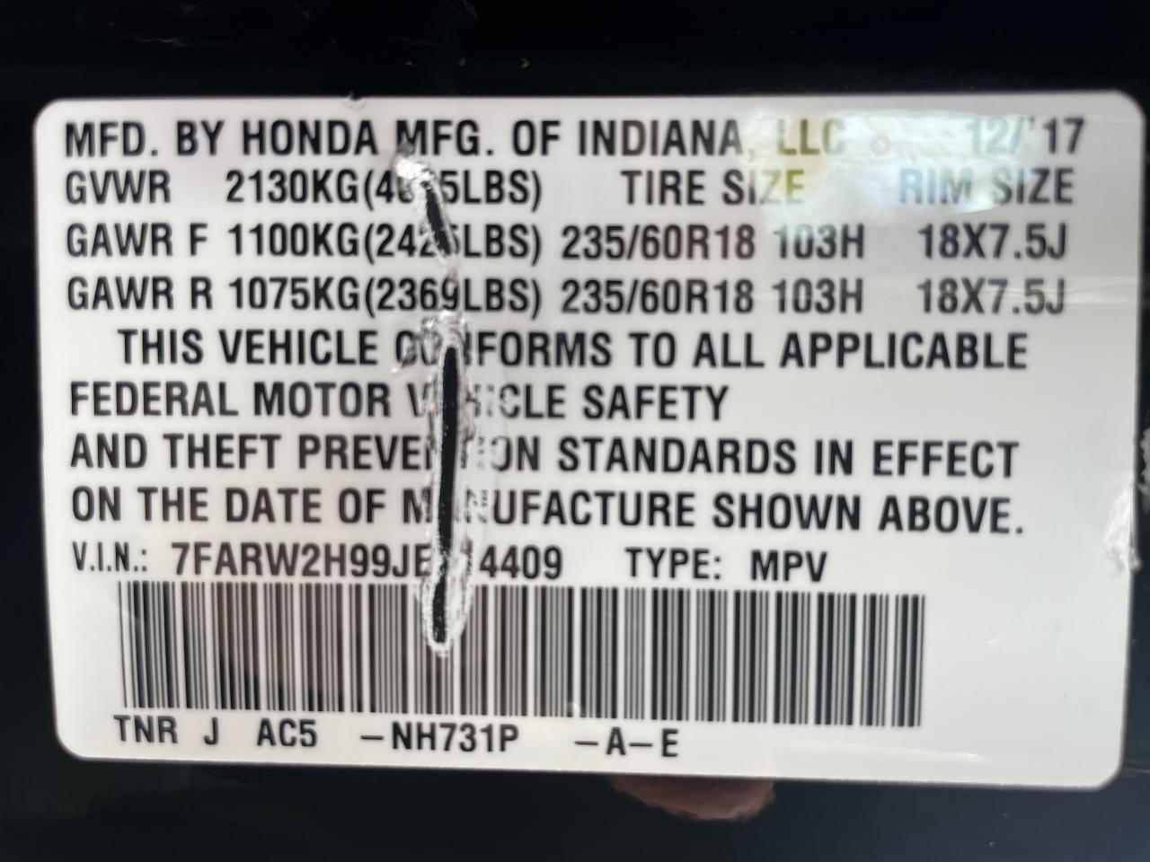 7FARW2H99JE014409 2018 Honda Cr-V Touring