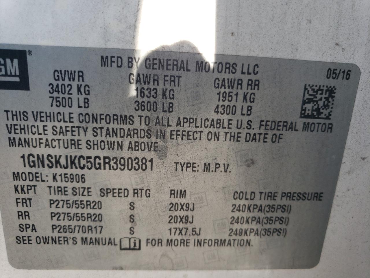1GNSKJKC5GR390381 CHEVROLET SUBURBAN 2016