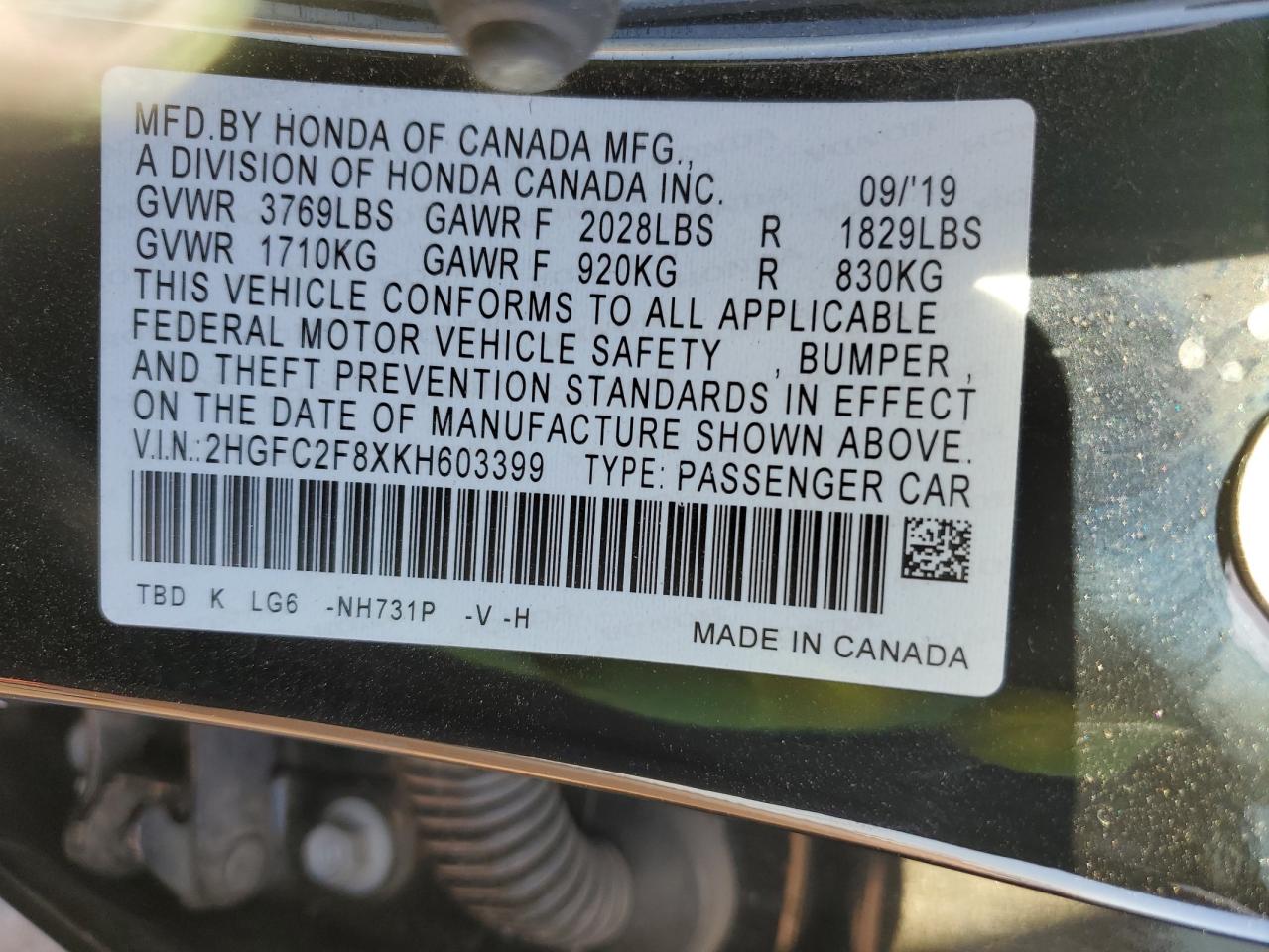 2HGFC2F8XKH603399 HONDA CIVIC 2019