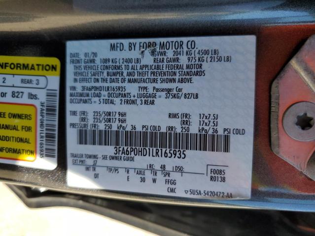 VIN 3FA6P0HD1LR165935 2020 Ford Fusion, SE no.12