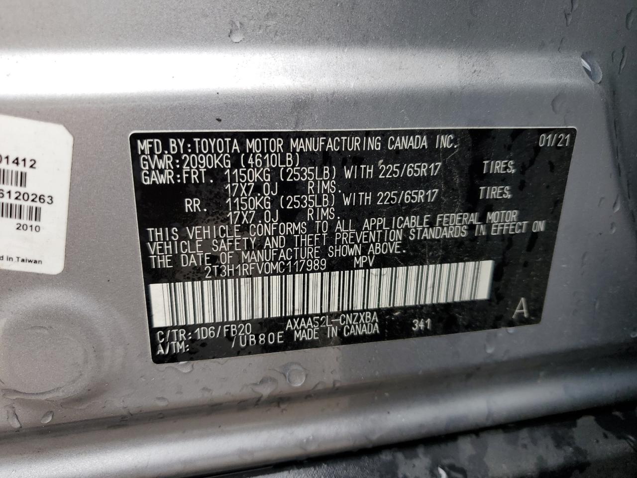 2T3H1RFV0MC117989 2021 Toyota Rav4 Le