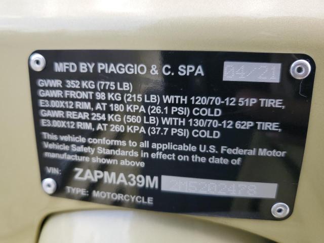 2021 VESPA SCOOTER ZAPMA39M2M5202478