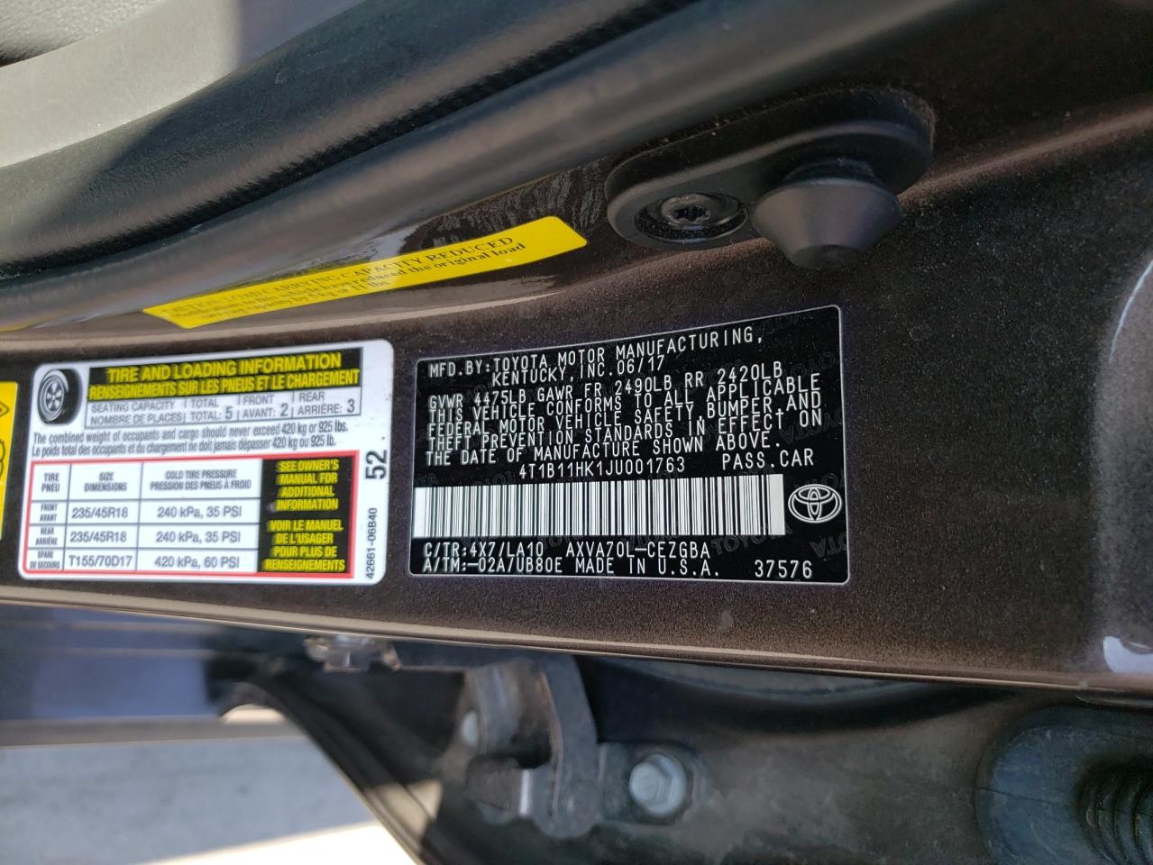 4T1B11HK1JU001763 TOYOTA CAMRY 2018