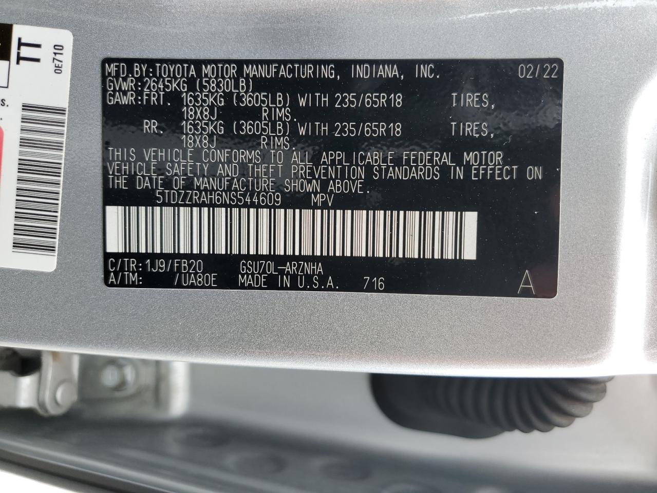 5TDZZRAH6NS544609 TOYOTA HIGHLANDER 2022