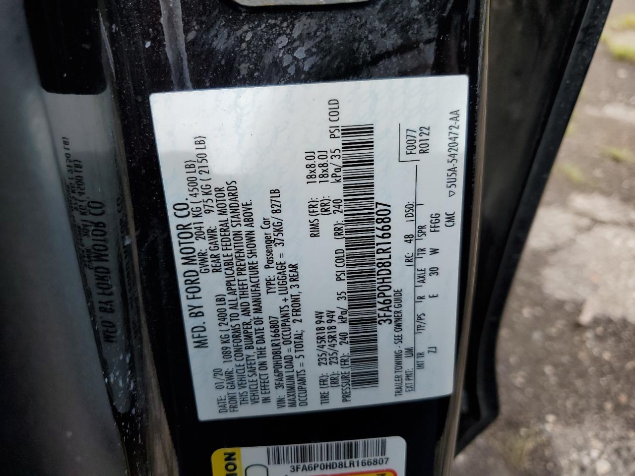 3FA6P0HD8LR166807 FORD FUSION 2020