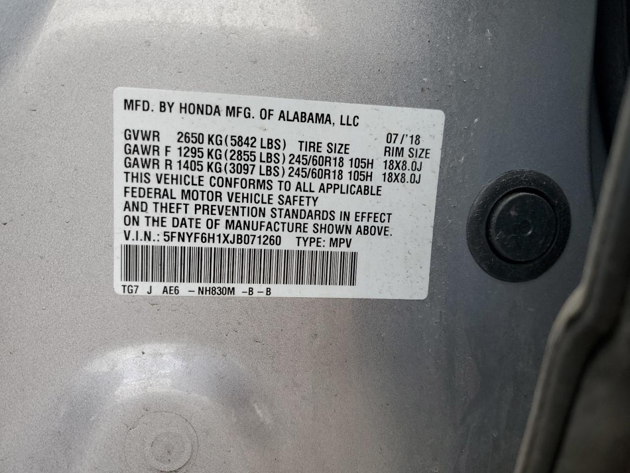 5FNYF6H1XJB071260 HONDA PILOT 2018