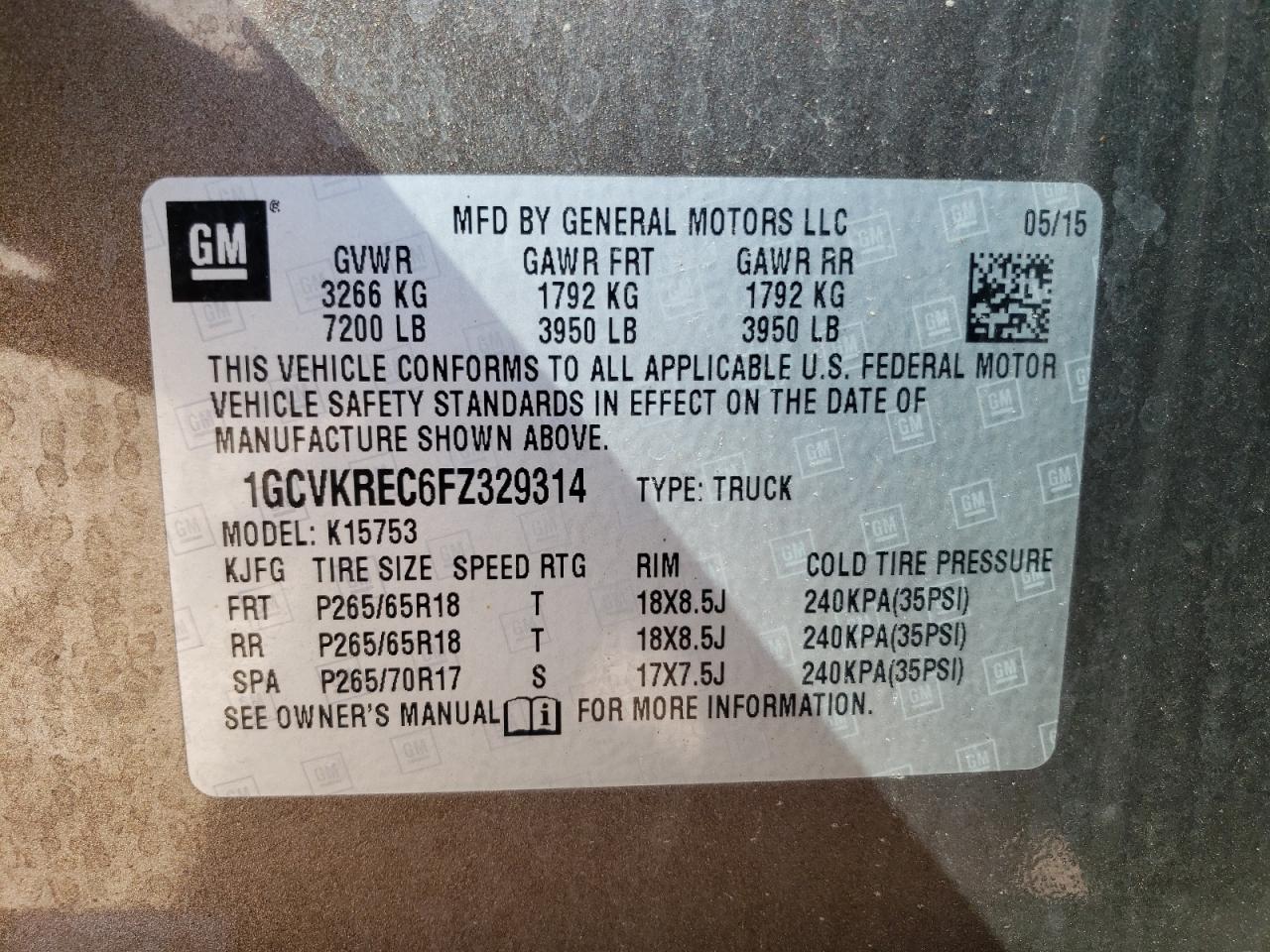 1GCVKREC6FZ329314 2015 Chevrolet Silverado K1500 Lt